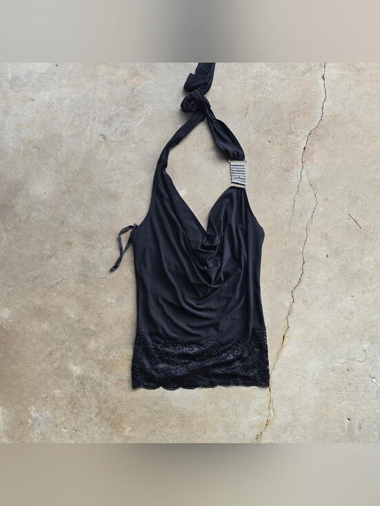 Tops - Vintage Y2k Bling Drape Going Out Club Cowl Neck Halter Top Lace Trim